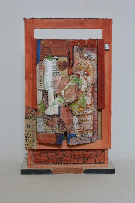 Bohóc (Nórák XII.), 2007-2008, (hátulnézet), íróasztalfiók, vegyes technika, 65 x 34 x 23 cm.